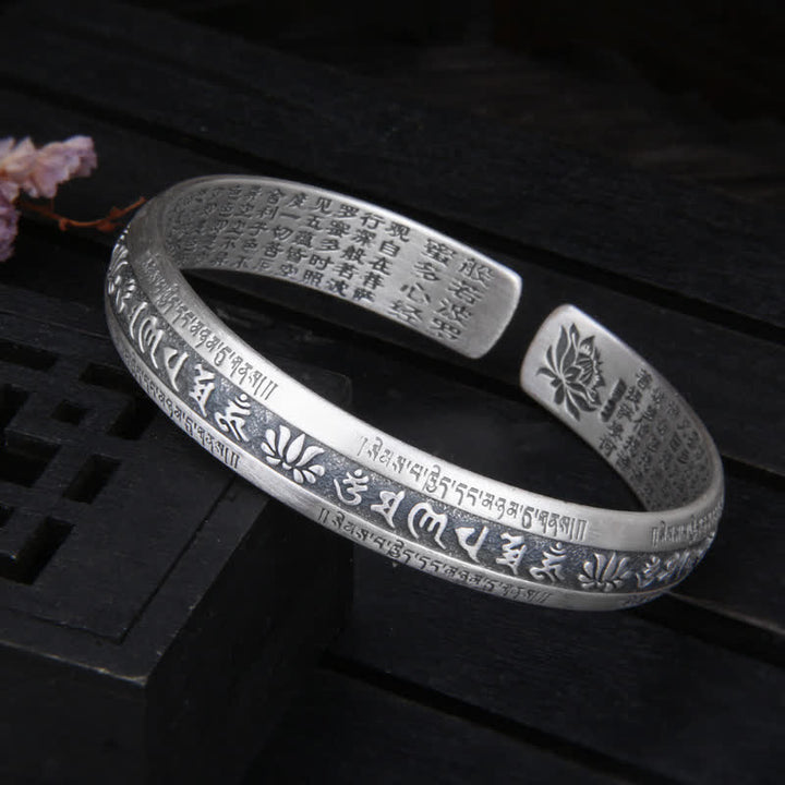 Buddha Stones 999 Sterling Silver Om Mani Padme Hum Heart Sutra Lotus Peace Bracelet Bangle - 39.19g - image 0