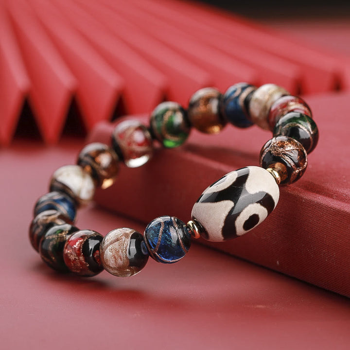 Buddha Stones Tibetan Nine-Eye Dzi Bead Three-eyed Dzi Bead Liuli Glass Bead Wealth Bracelet - Three-eyed Dzi Bead - Multicolored Liuli Glass Bead - 14mm - image 18