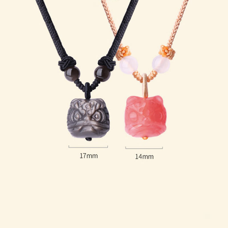 Buddha Stones Natural Silver Sheen Obsidian Red Agate Dancing Lion Protection Necklace Pendant - image 10