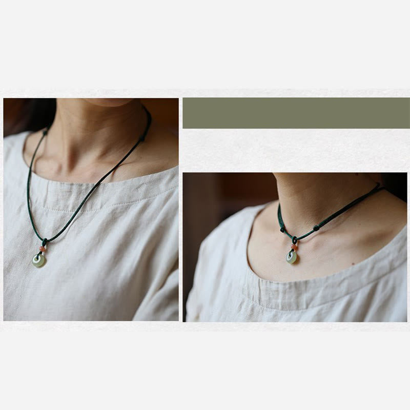 Buddha Stones Natural Round Jade Peace Buckle Lotus Abundance String Necklace Pendant - image 4