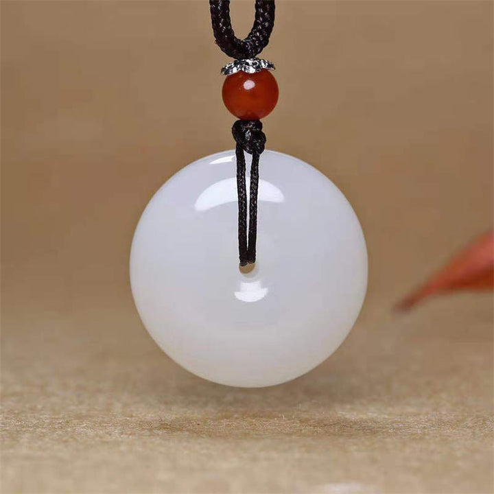 Buddha Stones Round Hetian White Jade Peace Buckle Blessing Necklace Pendant - image 2