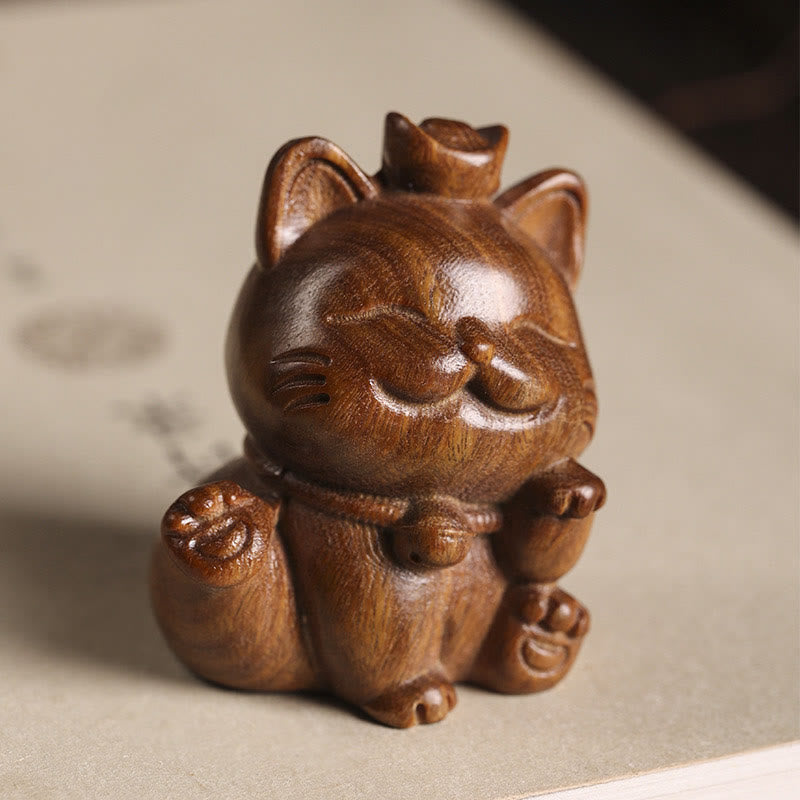 Buddha Stones Mini Green Sandalwood Ingot Lucky Cat Carved Peace Desk Decorations - image 1