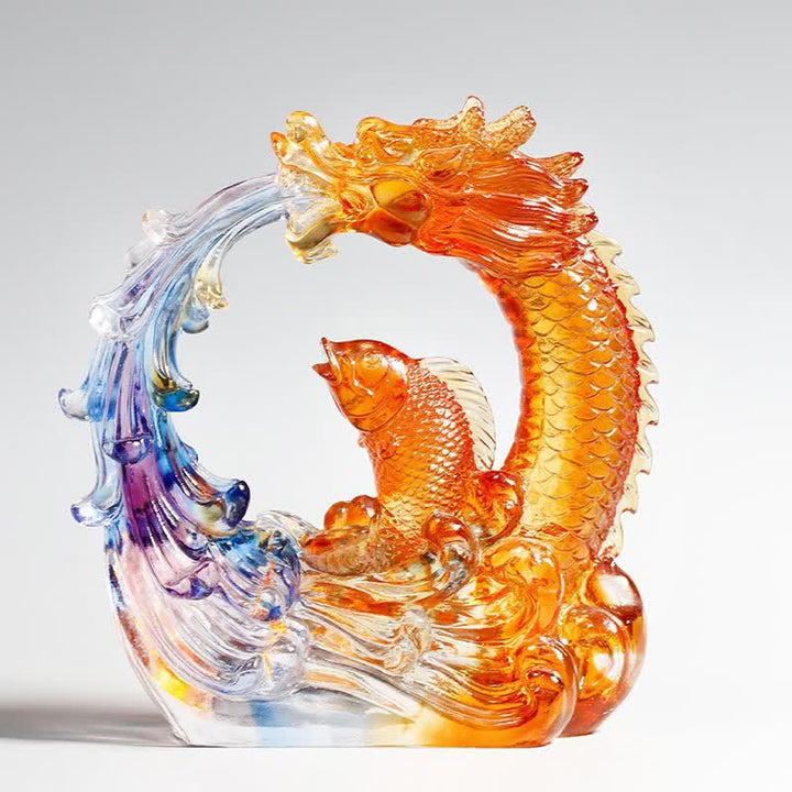 Buddha Stones Feng Shui Dragon Koi Fish Handmade Liuli Crystal Art Piece Home Office Decoration - Dragon&Koi Fish - image 0