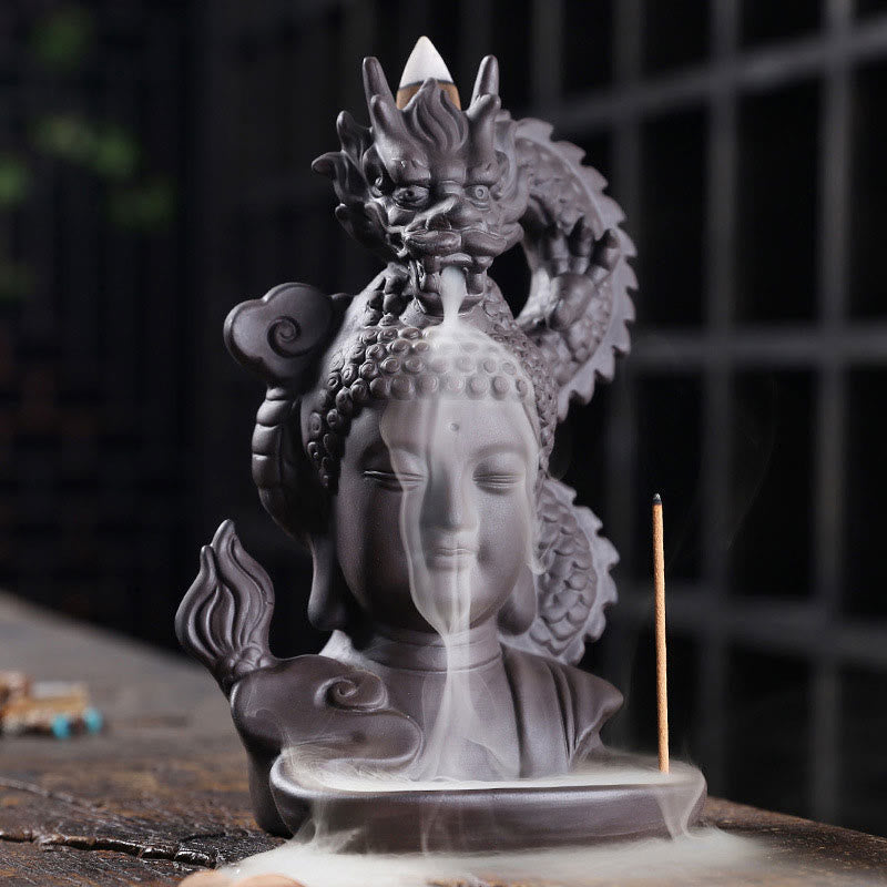 Buddha Stones Dragon Buddha Auspicious Clouds Purple Clay Healing Incense Burner Decoration - Buddha Dragon 10.5*9.5*17cm - image 0