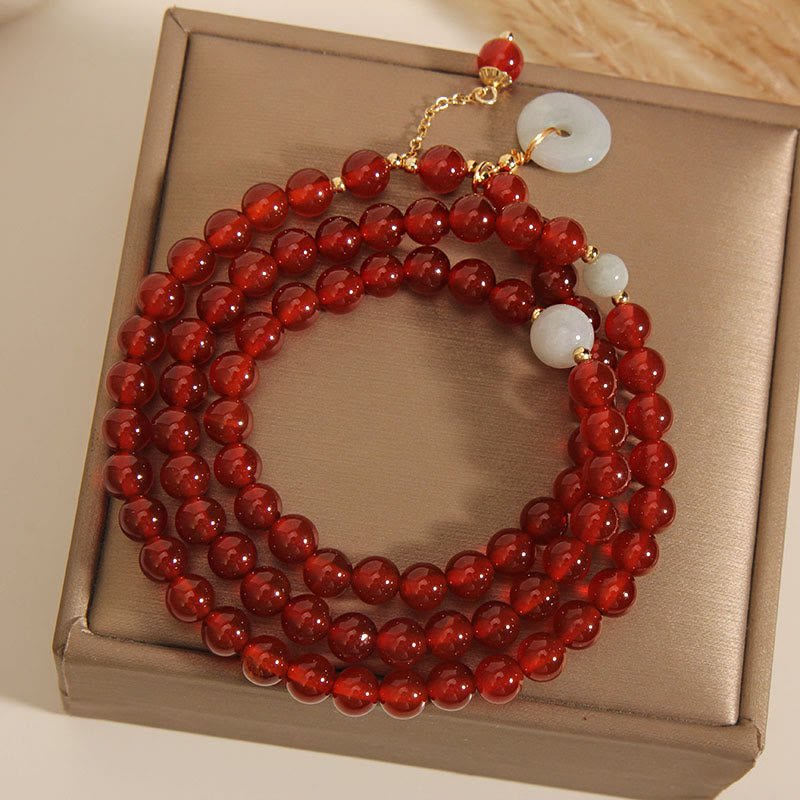 Buddha Stones Natural Red Agate Jade Peace Buckle Calm Triple Wrap Bracelet - image 6
