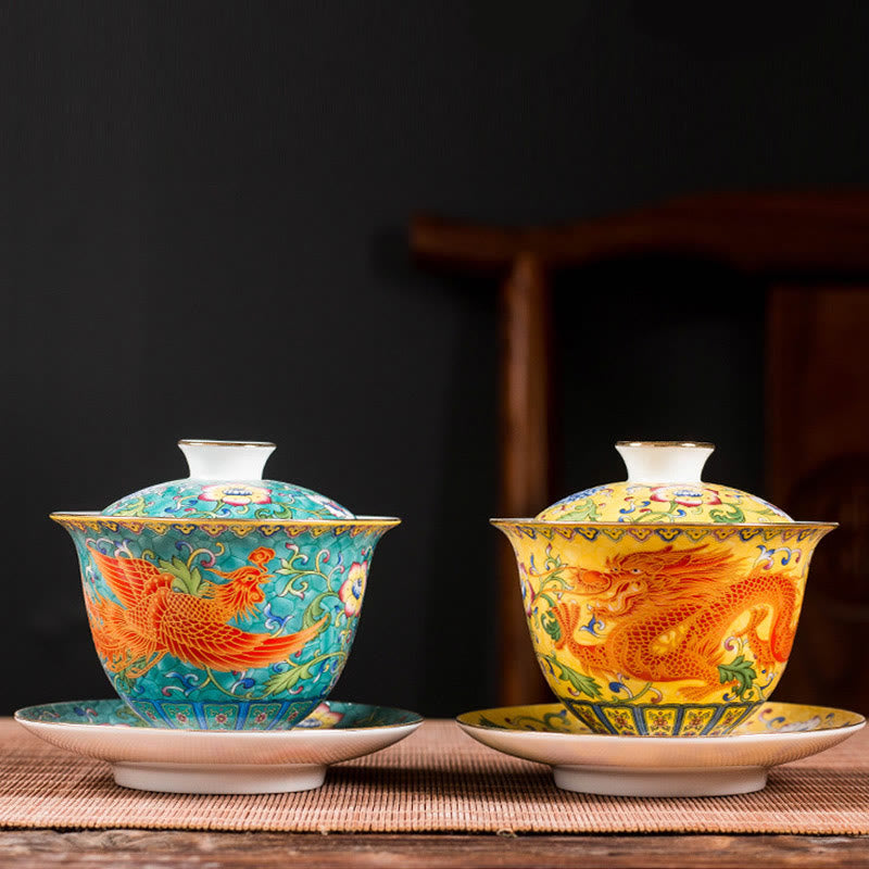 Buddha Stones Dragon Phoenix Flower Design Ceramic Gaiwan Sancai Teacup Kung Fu Tea Cup And Saucer With Lid - image 1