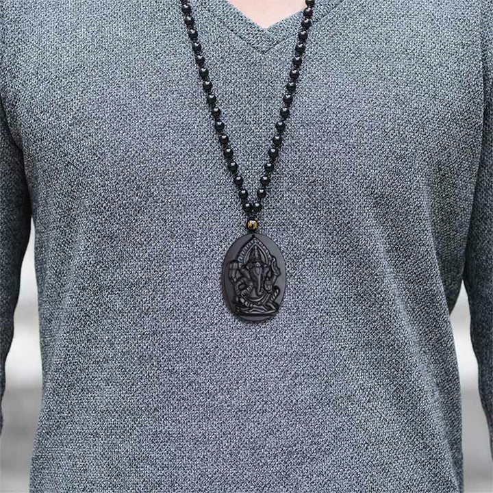 Buddha Stones Tibetan Obsidian Ganesh Ganpati Elephant Wealth Amulet Necklace - image 6