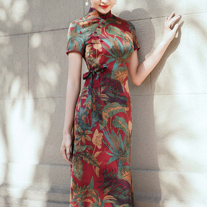Buddha Stones Silk Qipao Dress Retro Flower Leaf Pattern Women's Cheongsam Dress - Red Green - US16，UK/AU20，EU48 (5XL) - image 0