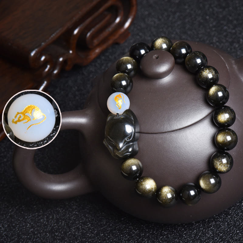 Buddha Stones Natural Rainbow Obsidian Gold Sheen Obsidian Silver Sheen Obsidian Fox Healing Bracelet - image 10