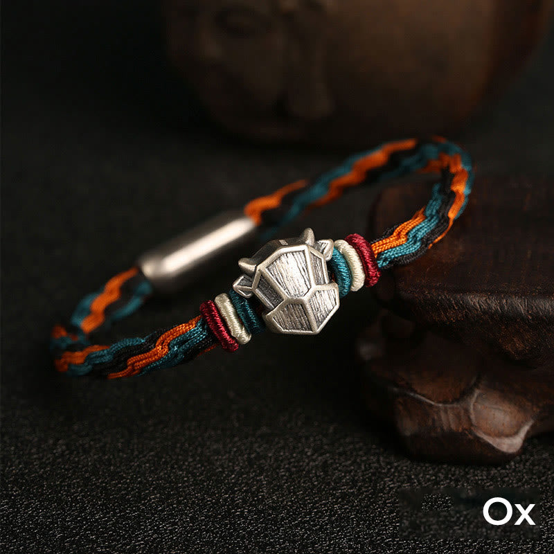 Buddha Stones Handmade 999 Sterling Silver Year of the Dragon Chinese Zodiac Protection Colorful Reincarnation Knot Rope Bracelet - Ox - 19cm - image 12