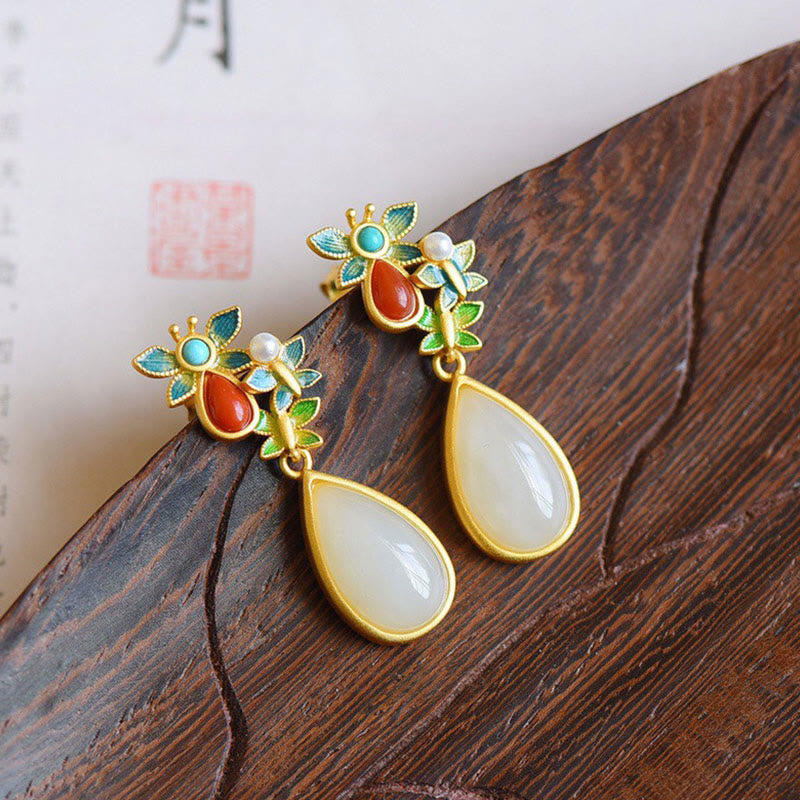 Buddha Stones Water Drop White Jade Red Agate Butterfly Protection Drop Dangle Earrings - image 1