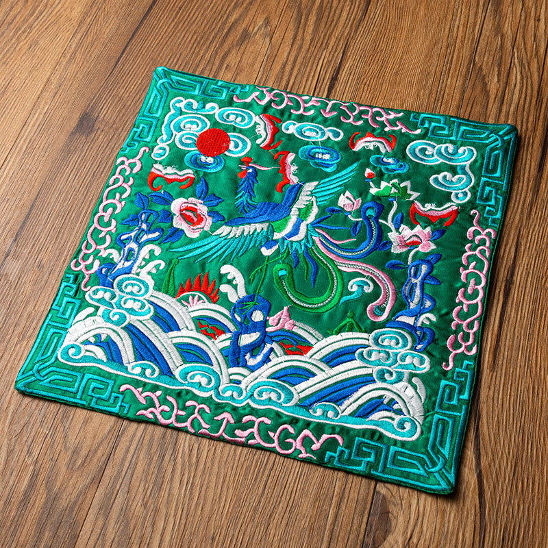 Buddha Stones Phoenix Dragon Kirin Embroidery Cup Mat Pad Tea Cup Coaster Kung Fu Tea Mat - Green Phoenix - image 16