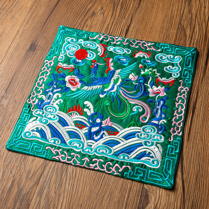 Buddha Stones Phoenix Dragon Kirin Embroidery Cup Mat Pad Tea Cup Coaster Kung Fu Tea Mat - Green Phoenix - image 16