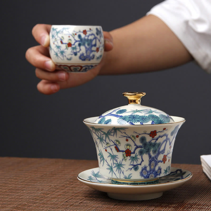 Buddha Stones Retro Plum Blossom Pine Bamboo Phoenix Kirin Ceramic Gaiwan Sancai Teacup Kung Fu Tea Cup and Saucer with Lid - image 5