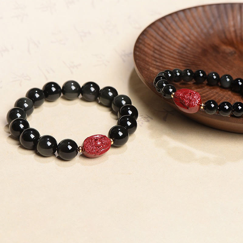 Buddha Stones Chinese Zodiac Natal Buddha Natural Black Obsidian Cinnabar Purification Bracelet - image 29