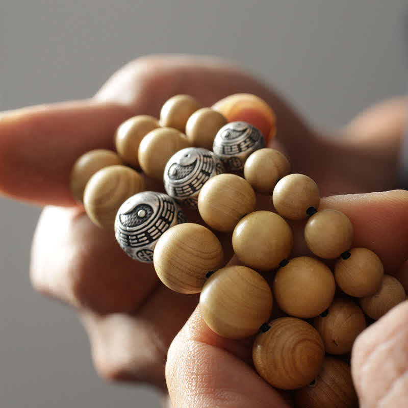 Buddha Stones Tibet Peach Wood Lotus Cinnabar Bagua Yin Yang Luck Wealth Bracelet - image 1