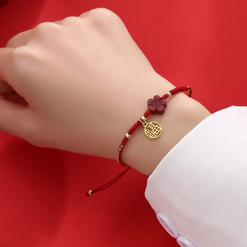 Buddha Stones Cinnabar Flower Fu Character Blessing Braided String Bracelet - image 5