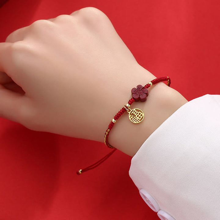 Buddha Stones Cinnabar Flower Fu Character Blessing Braided String Bracelet - image 5