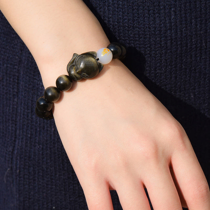 Buddha Stones Natural Rainbow Obsidian Gold Sheen Obsidian Silver Sheen Obsidian Fox Healing Bracelet - image 9