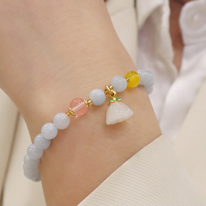 Buddha Stones Natural Aquamarine Chalcedony Serenity Rabbit Gourd Cat Charm Bracelet - Aquamarine Chalcedony Lotus Pod - image 7