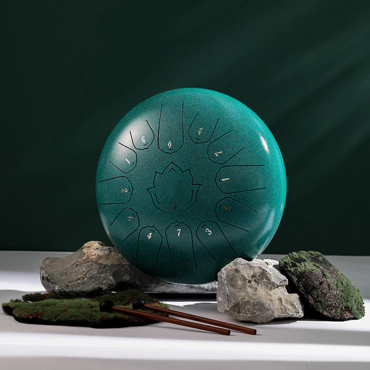 Buddha Stones Steel Tongue Drum Sound Healing Mindfulness Lotus Pattern Yoga Drum Kit 13 Note 12 Inch Percussion Instrument - Green - image 4