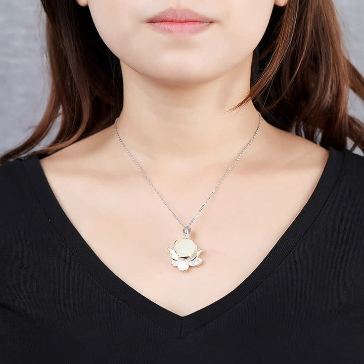 Buddha Stones White Jade Lotus Flower Happiness Necklace - image 2