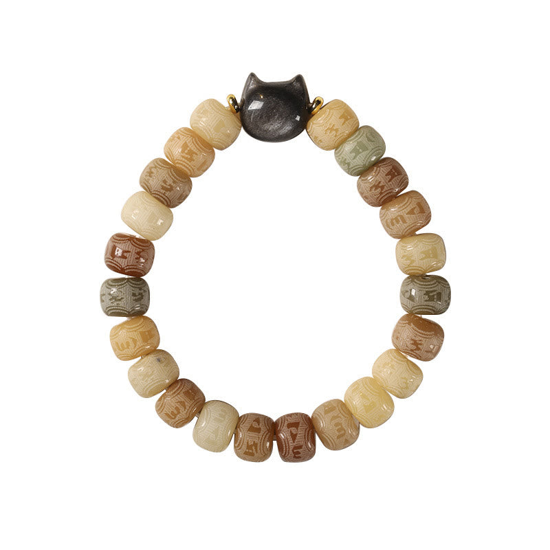 Buddha Stones Bodhi Seed Silver Sheen Obsidian Cat Head Om Mani Padme Hum Engraved Harmony Bracelet - image 6