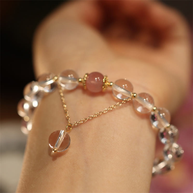 Buddha Stones Natural Silver Sheen Obsidian Pink Crystal White Crystal Protection Yin Yang Color Couple Bracelet - 8mm White Crystal&Pink Crystal - image 3