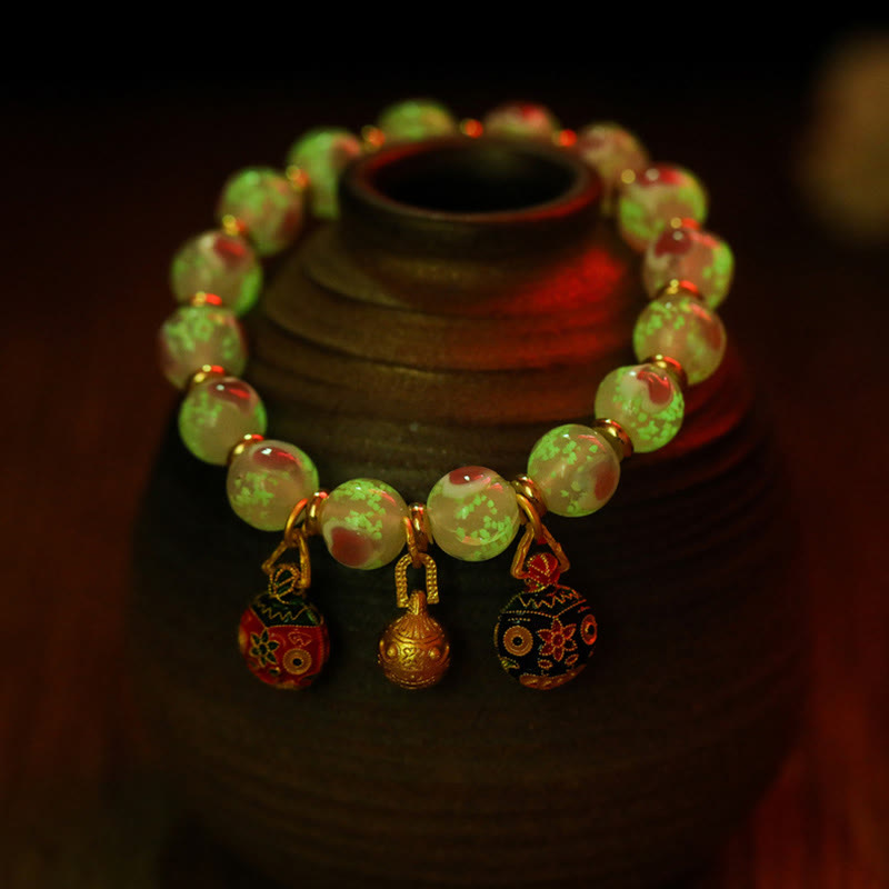 Buddha Stones Gold Swallowing Beast Family Charm Luminous Pink Love Heart Fluorescent Liuli Glass Bead Blessings Bracelet - image 5