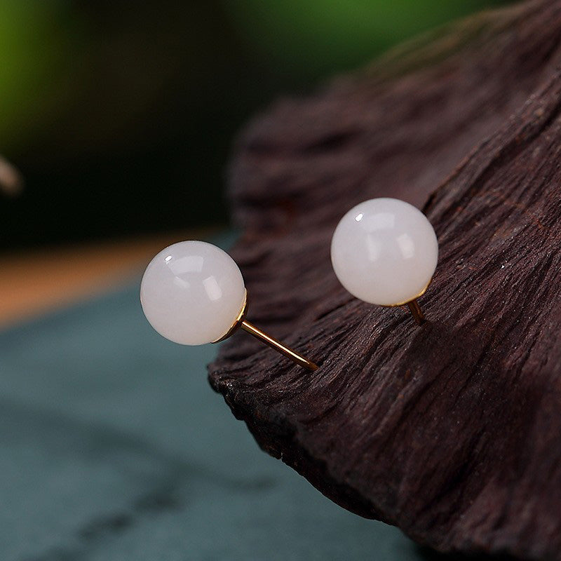 Buddha Stones 925 Sterling Silver Round White Jade Blessing Stud Earrings - 8mm - image 6