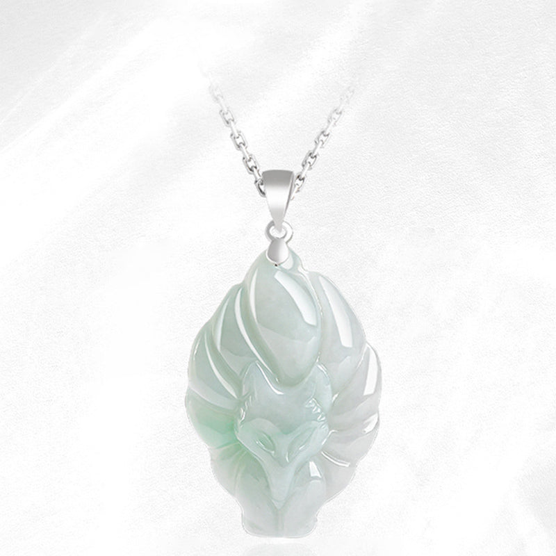 Buddha Stones 925 Sterling Silver Natural Jade Nine Tailed Fox Prosperity Necklace Pendant - image 5