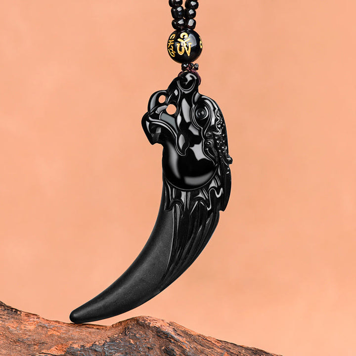 Buddha Stones Natural Black Jade Chinese Zodiac Dragon Tooth Pattern Protection Necklace Pendant - Black Jade(Protection♥Calm) - image 0
