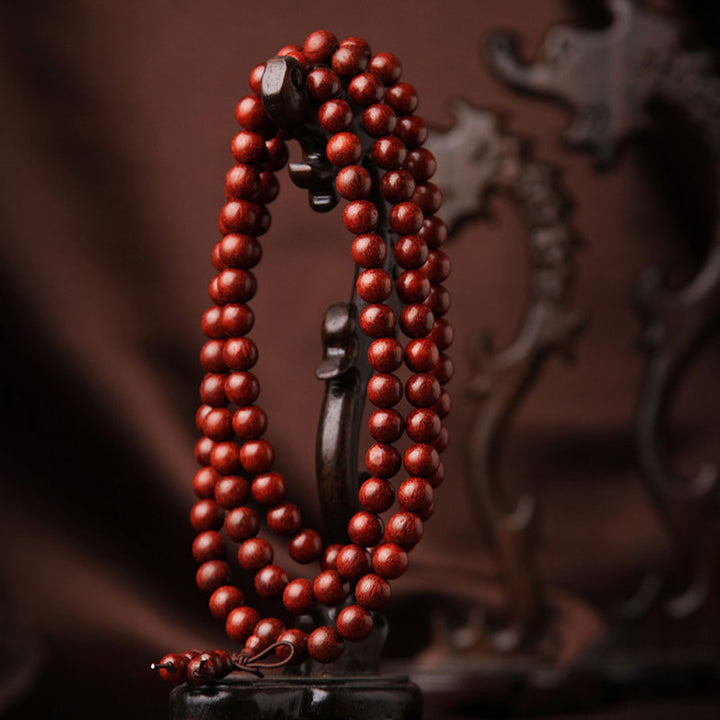 Buddha Stones Tibetan Small Leaf Red Sandalwood 108 Beads Mala Meditation Bracelet - image 1