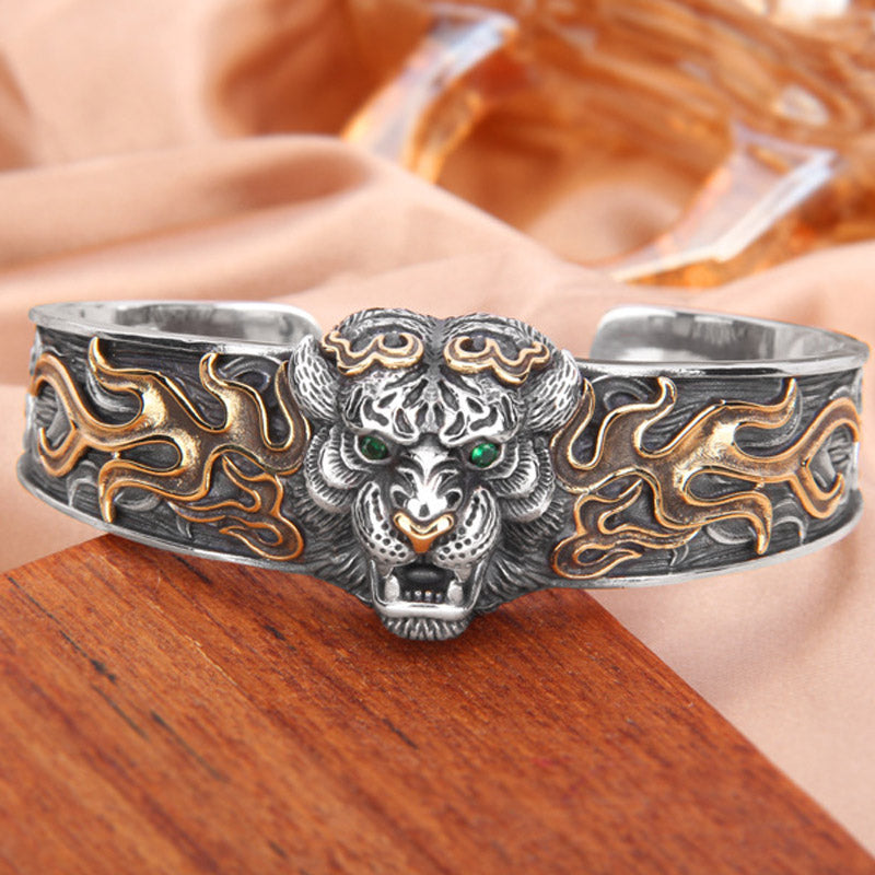 Buddha Stones 925 Sterling Silver Chinese Zodiac Tiger Keep Away Evil Spirits Bracelet Bangle - image 1