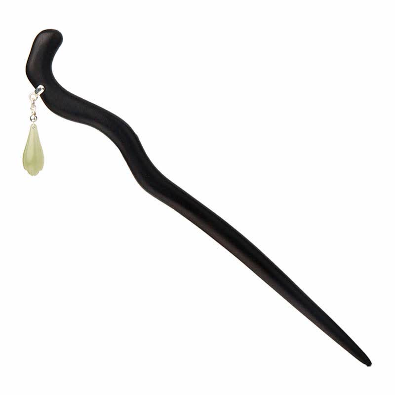 Buddha Stones 925 Sterling Silver Natural Hetian Jade Ebony Wood Luck Charm Hairpin - image 7
