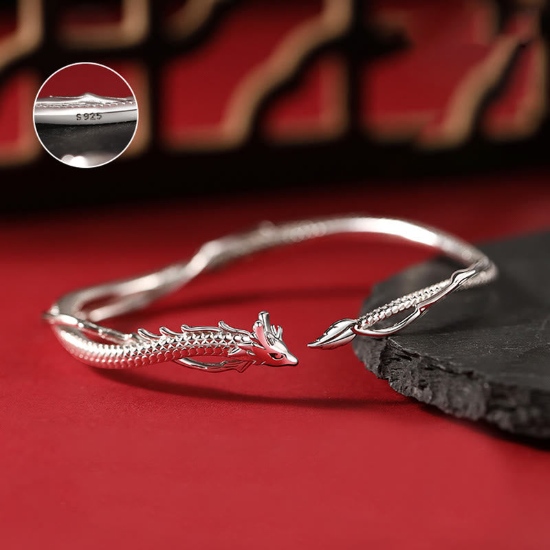 Buddha Stones 925 Sterling Silver Year of the Dragon Design Luck Metal Cuff Bracelet Bangle - image 2