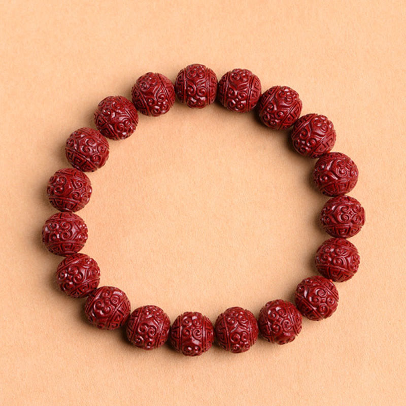 Buddha Stones Natural Cinnabar Om Mani Padme Hum Fret Pattern Lotus Blessing Bracelet - image 1
