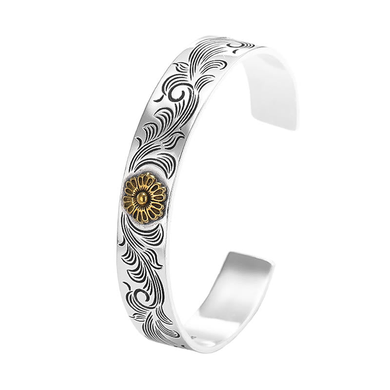 Buddha Stones Tang Dynasty Flower Design Rose Flower Feather Carved Copper Luck Bracelet Bangle - image 3