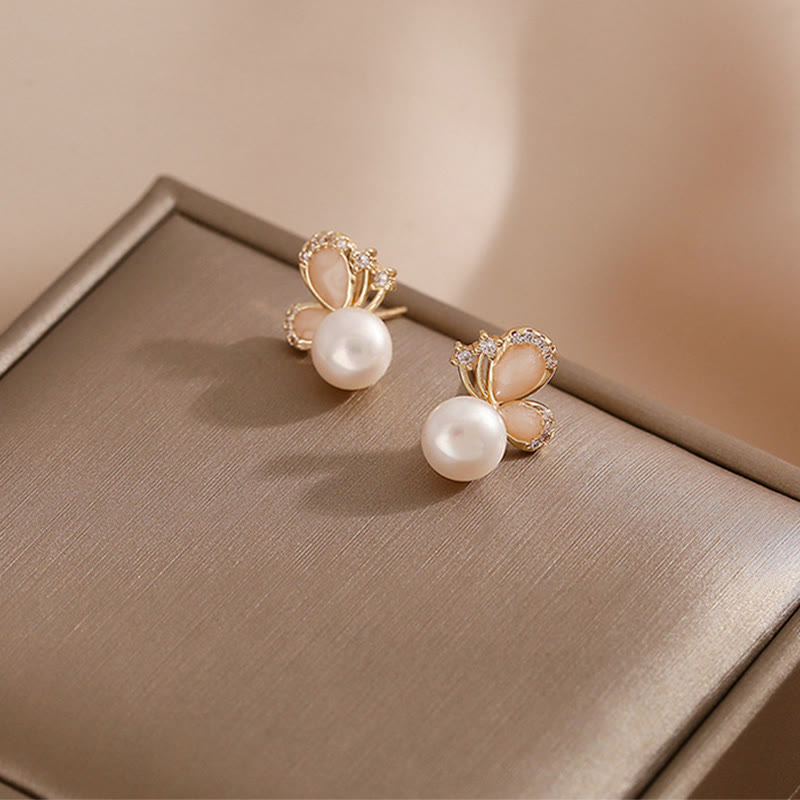 Buddha Stones 18K Gold Pearl Butterfly Love Freedom Stud Earrings - image 3
