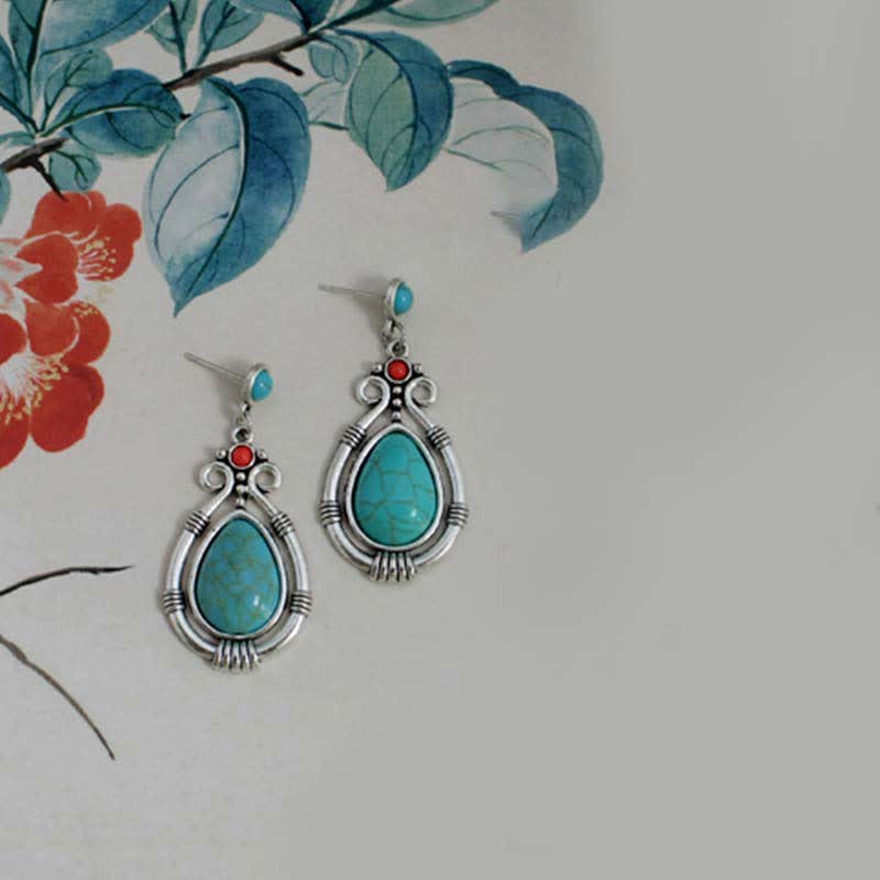 Tibet Vintage Turquoise Waterdrop Strength Drop Dangle Earrings Clips - image 7