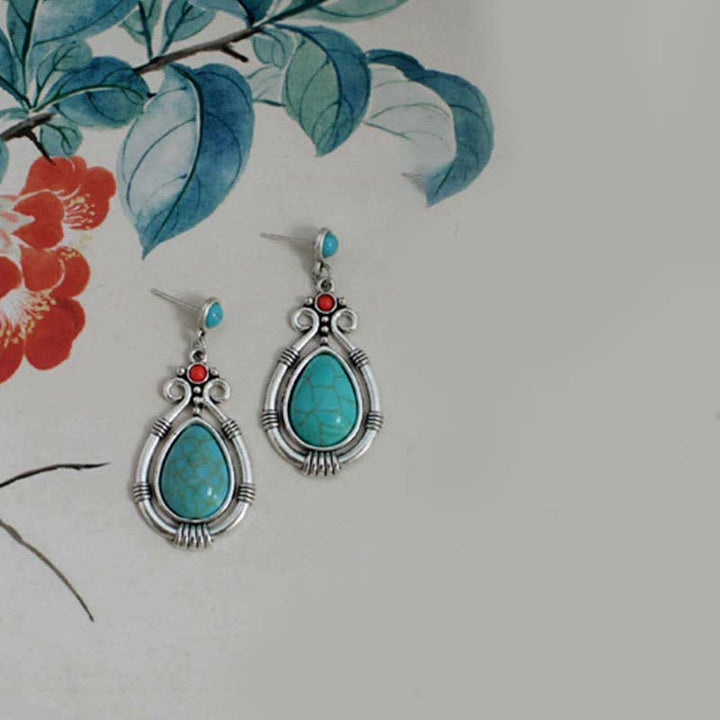 Tibet Vintage Turquoise Waterdrop Strength Drop Dangle Earrings Clips - image 7