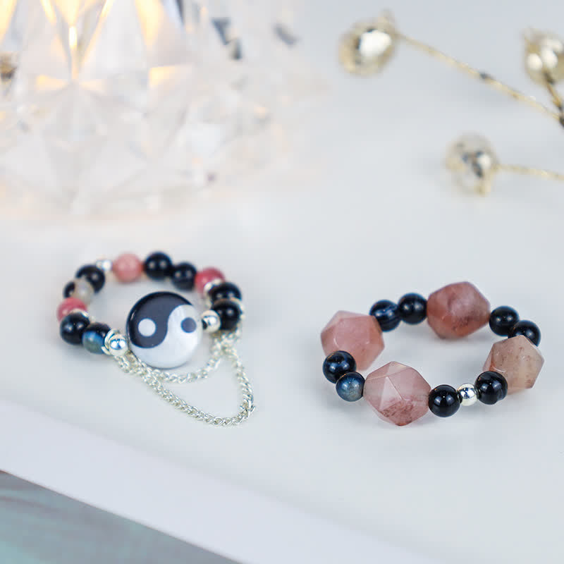Buddha Stones Yin Yang Symbol Balance Luck Ring - 2Pcs-Bagua&Agate - image 0