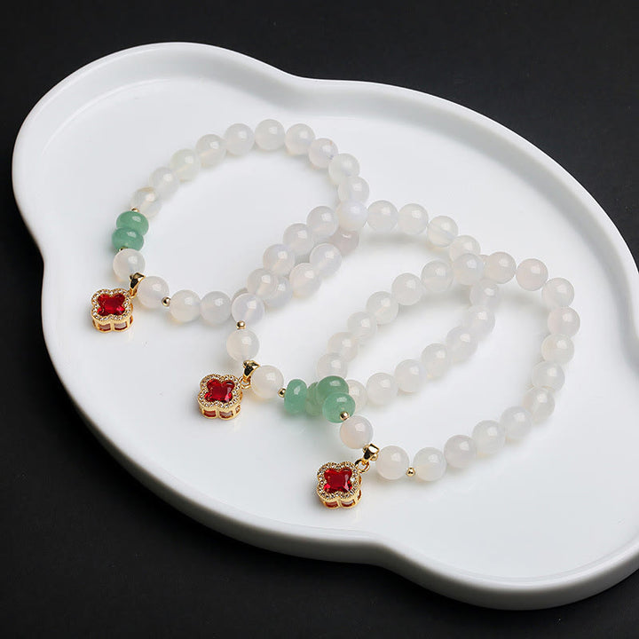 Buddha Stones Natural White Agate Red Agate Money Bag Fu Character Four Leaf Clover Protection Bracelet - image 10