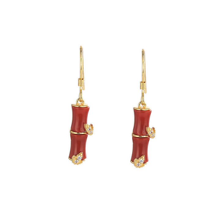 Buddha Stones 925 Sterling Silver Hetian Jade Chrysoberyl Cat Eye Red Agate Bamboo Luck Drop Earrings - Gold - Red Agate(Confidence♥Calm) - image 13