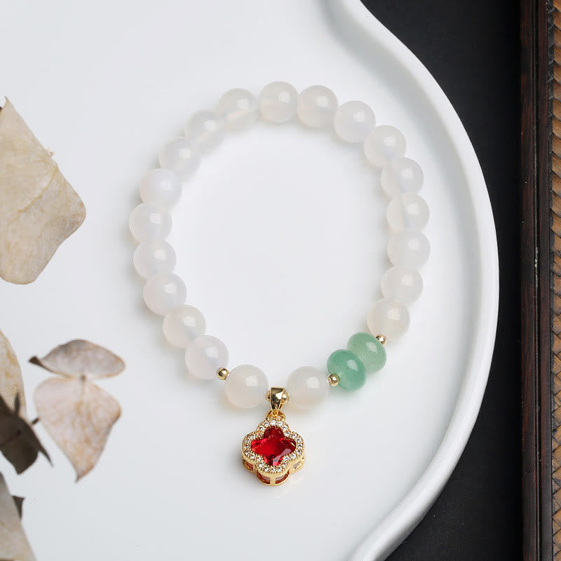 Buddha Stones Natural White Agate Red Agate Money Bag Fu Character Four Leaf Clover Protection Bracelet - White Agate Four Leaf Clover - image 8