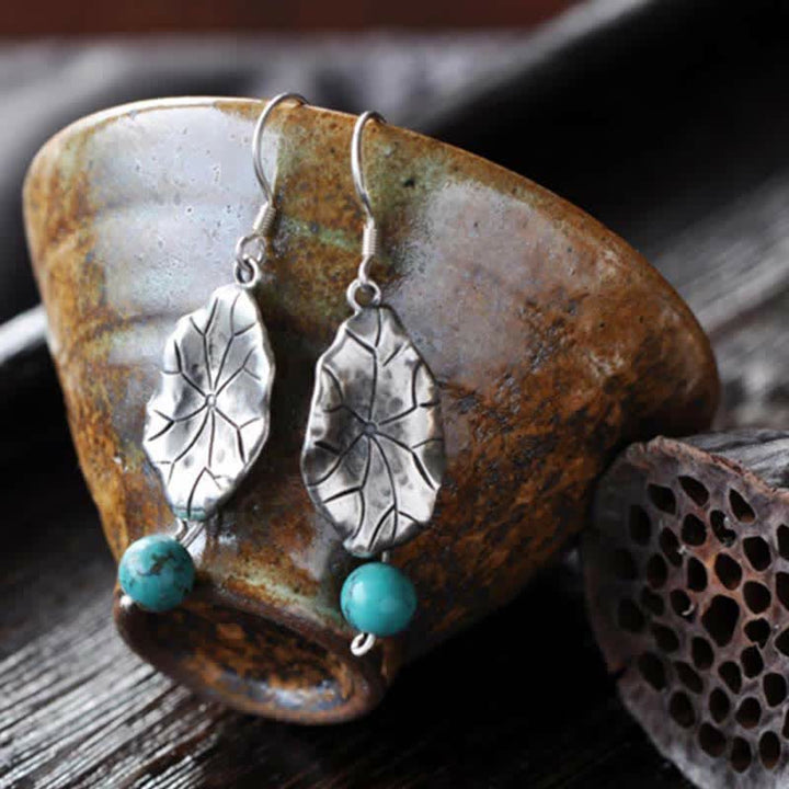 Buddha Stones 925 Sterling Silver Turquoise Lotus Leaf Protection Drop Dangle Earrings - image 6