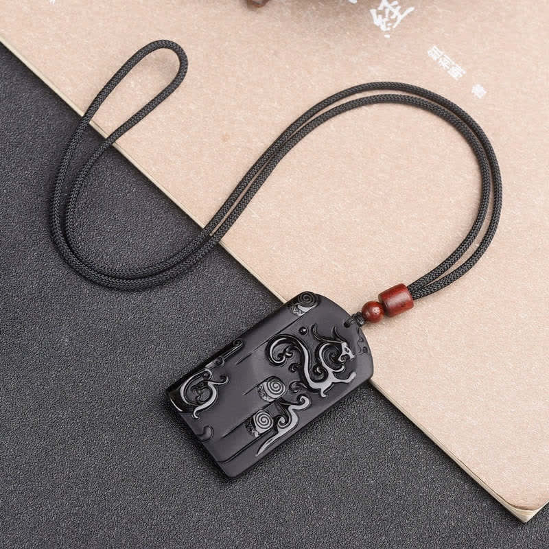 Buddha Stones Black Obsidian Dragon Phoenix Success Necklace Pendant - image 4