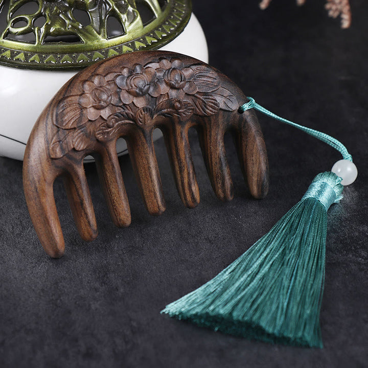 Green Sandalwood Plum Blossom Flowers Lotus Koi Fish Engraved Soothing Tassel Comb - Chacate Preto Wood Forget-Me-Not - image 6