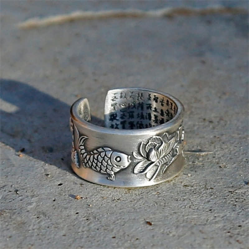 Buddha Stones 999 Sterling Silver Luck Koi Fish Lotus Heart Sutra Wealth Ring - image 6