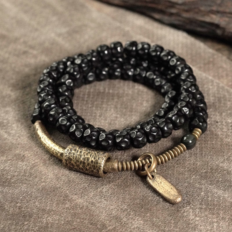 Buddha Stones Retro Coconut Shell Copper Happiness Triple Wrap Bracelet - 17-17.5cm - image 0